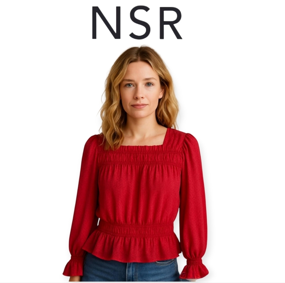 NSR Nordstrom Cherry Red Smocked Peplum Blouse Romantic Long Sleeve Top Size S